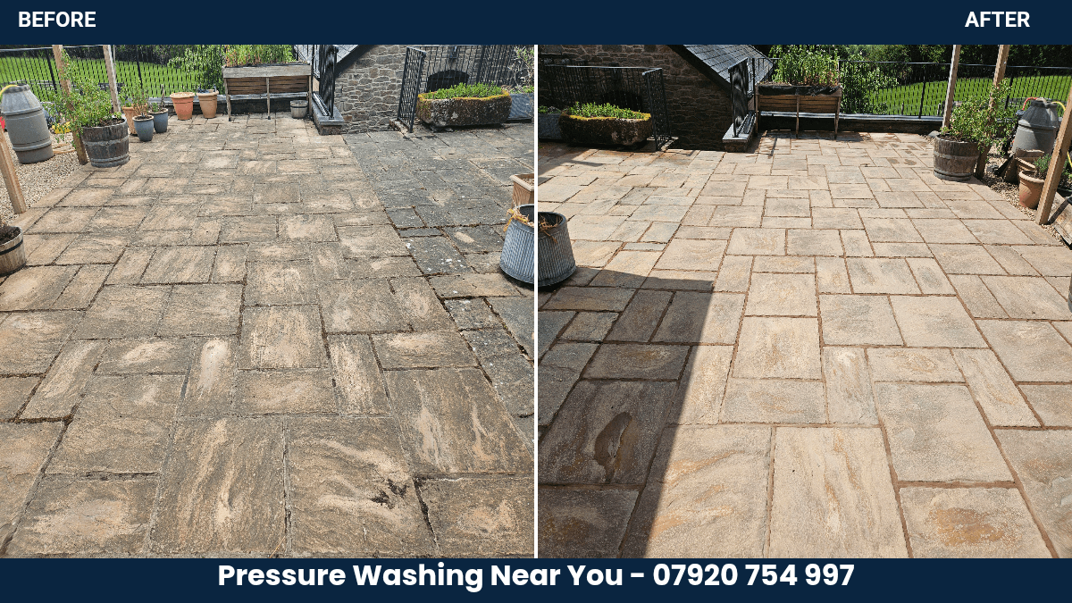 Before and after patio cleaning in Checkley